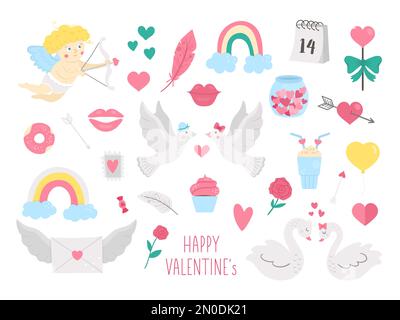 Ensemble vectoriel de symboles du jour de la Saint-Valentin. Collection de personnages et objets mignons avec le concept de l'amour. Cupidon, colombes, coeurs et cygnes isolés sur W Illustration de Vecteur