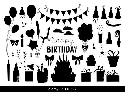 Ensemble de jolies silhouettes d'anniversaire. Collection de fêtes à la clipart. Coffret de vacances Vector avec cadeaux noirs, gâteau avec bougies, ballons, drapeaux. H Illustration de Vecteur