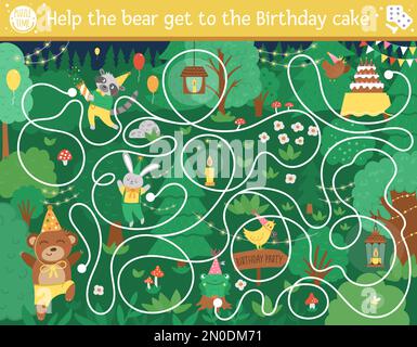 Labyrinthe de fête surprise d'anniversaire pour les enfants. Activité éducative imprimable pour les fêtes d'âge préscolaire. Puzzle amusant avec un adorable animal de bois. Aide l'ours à obtenir Illustration de Vecteur