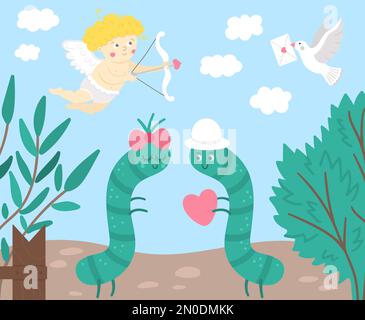 Vector Saint Valentin fond de jour avec de jolis insectes. Scène amusante avec deux piliers émaillés dans le jardin. Illustration plate pour les enfants avec Illustration de Vecteur