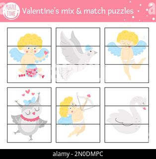 Puzzle Vector Saint Valentine avec personnages de vacances traditionnels. Découpez l'activité correspondante pour les enfants d'âge préscolaire avec le thème de l'amour. Illustration de Vecteur