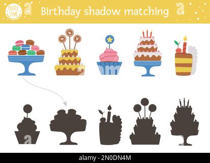 Activité de mise en correspondance des ombres d'anniversaire pour les enfants. Puzzle amusant avec desserts de fête mignons. Fête des fêtes jeu éducatif pour les enfants avec gâteaux et cand Illustration de Vecteur