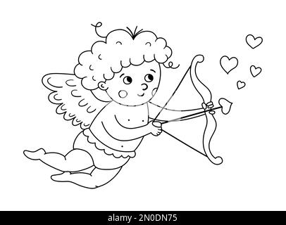 Vecteur noir et blanc cupid tir de l'arc avec la flèche. Drôle de personnage de Saint-Valentin. Ange volant d'amour avec ailes étalées. Jeu de chérubins ligne i Illustration de Vecteur