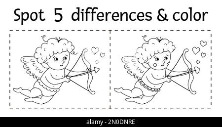 Saint Valentin trouver jeu différences pour les enfants. Page d'activités éducatives et de coloriage en noir et blanc de vacances avec cupid drôle avec un noeud et un Illustration de Vecteur