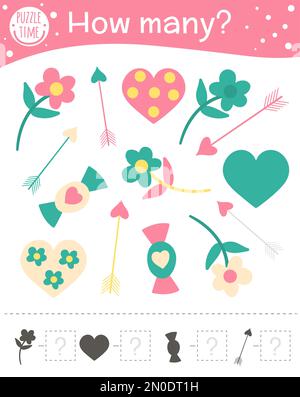 Saint-Valentin jeu de comptage de jour avec coeur, bonbons, flèche, fleur. Activité de mathématiques des fêtes pour les enfants d'âge préscolaire. Nombre d'objets de la feuille de calcul. Formation Illustration de Vecteur