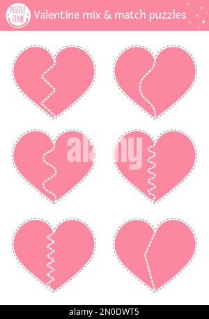 Puzzle Vector Saint Valentin assorti aux symboles traditionnels des fêtes. Activité correspondante pour les enfants d'âge préscolaire. Jeu éducatif imprimable Illustration de Vecteur