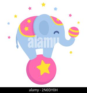 Dessin animé éléphant de cirque équilibrant sur la grande balle et jonglant avec une petite balle. Illustration de clip art de style vectoriel plat mignonne et drôle. Illustration de Vecteur