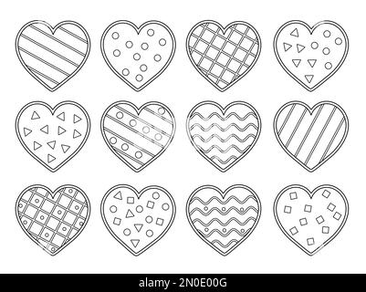 Ensemble vectoriel de coeurs noirs et blancs mignons. Collection de symboles de Saint-Valentin ou de pages de coloriage. Espiègle février vacances amour ligne ico Illustration de Vecteur