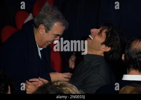 Rome, Italie. 05th févr. 2023. Le sénateur du parti Forza Italia, Maurizio Gasparri (L), et le député du parti Fratelli d'Italia, Giovanni Donzelli (R), vus avant l'événement en faveur du candidat de la coalition de droite à la présidence de la région du Latium, Francesco Rocca. Les 12 et 13 février 2023, nous votons pour élire le Président de la région du Latium et le Conseil régional. (Photo par Vincenzo Nuzzolese/SOPA Images/Sipa USA) crédit: SIPA USA/Alamy Live News Banque D'Images