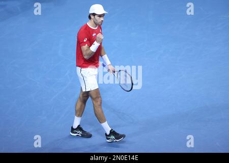RIJEKA, CROATIE - FÉVRIER 05 : Borna Coric de Croatie fêtez un point contre Dominic Thiem d'Autriche lors du premier tour de qualification de la coupe Davis entre la Croatie et l'Autriche au Zamet Sports Hall on 5 février 2023 à Rijeka, Croatie. Photo de Nel Pavletic/Pixsell Banque D'Images