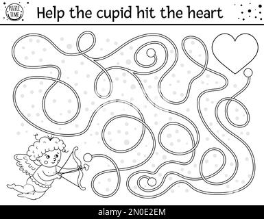 Saint Valentin labyrinthe noir et blanc pour les enfants. Activité imprimable pour les fêtes de fin d'année. Jeu amusant avec un garçon mignon. Puzzle romantique ou pag à colorier Illustration de Vecteur