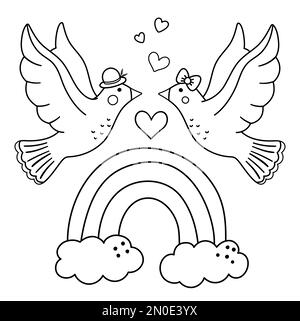 Vector Saint Valentin fond noir et blanc avec de mignons colombes et un arc-en-ciel. Scène amusante avec deux oiseaux émaillés. Illustration ou coloration amusante Illustration de Vecteur