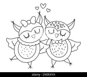 Adorable paire de chouettes noir et blanc à motif vectoriel. Illustration d'un couple aimant. Relation d'amour ou concept de famille. Oiseaux romantiques isolés sur fond blanc. F Illustration de Vecteur