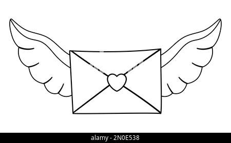 Lettre noire et blanche vectorielle scellée avec coeur et ailes écartées. Symbole de la Saint-Valentin. Élément de poste drôle avec l'amour concept isolé sur blanc Illustration de Vecteur