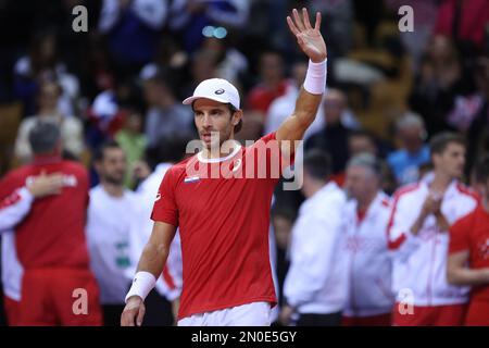 RIJEKA, CROATIE - FÉVRIER 05 : Borna Coric de Croatie célèbre une victoire lors du premier tour de qualification de la coupe Davis entre la Croatie et l'Autriche au Zamet Sports Hall on 5 février 2023 à Rijeka, Croatie. Photo de Nel Pavletic/Pixsell Banque D'Images