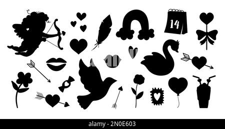 Ensemble vectoriel de silhouettes de Saint-Valentin. Collection de personnages et d'objets en noir et blanc mignons avec le concept de l'amour. Cupidon, colombe, coeurs et sw Illustration de Vecteur