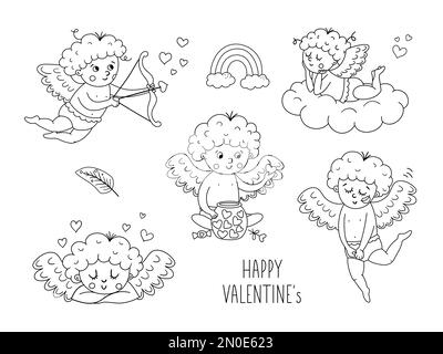 Collection vectorielle de cupids noirs et blancs. Ensemble avec des personnages drôles de Saint-Valentin. L'art de ligne amour anges avec des ailes, l'arc et la flèche, l Illustration de Vecteur