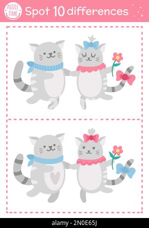 Saint Valentin trouver jeu différences pour les enfants. Activité éducative de vacances avec couple de chats drôle. Feuille de travail imprimable avec des personnages mignons. Illustration de Vecteur