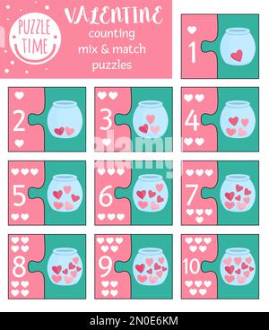 Puzzle Vector Saint Valentin assorti aux symboles traditionnels des fêtes. Activité mathématique correspondante pour les enfants d'âge préscolaire. Imprimable dans l'enseignement Illustration de Vecteur