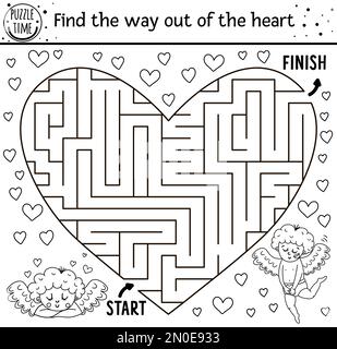 Saint Valentin labyrinthe noir et blanc pour les enfants en forme de coeur. Activité éducative imprimable pour les fêtes. Jeu drôle ou page de coloriage wi Illustration de Vecteur