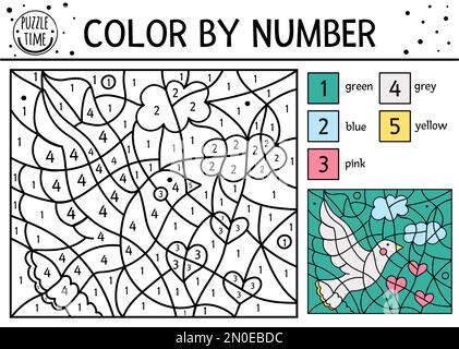 Vecteur Saint Valentin couleur par nombre activité avec colombe, coeurs et nuages. Jeu de coloriage et de comptage de vacances de février avec oiseau mignon. Comique co Illustration de Vecteur