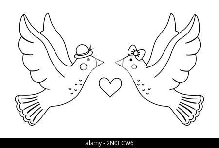 Adorable paire de colombes noires et blanches à motif vectoriel. Illustration d'un couple aimant. Relation d'amour ou concept de famille. Oiseaux romantiques isolés sur fond blanc. Illustration de Vecteur