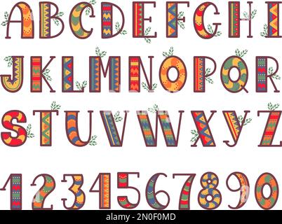 L'alphabet ethnique de style tribal, les lettres et les chiffres indigènes décoratifs africains dessein avec des éléments folkloriques et naturels. Ensemble de boho vecteur néotérique inhabituel Illustration de Vecteur