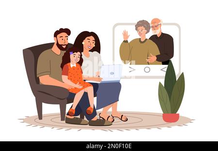 Adultes enfants femme, homme, enfant chat avec les grands-parents âgés vecteur plat illustration.vieilli retraités parler, appel vidéo en ligne utiliser ordinateur Lap Banque D'Images