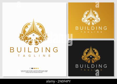 Modèle de conception de logo de bâtiment de luxe. Élégante marque de logo de propriété en or. Illustration de Vecteur