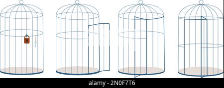 Diverses cages ouvertes et fermées, avec serrure et clé. Cage doublée pour animaux ou oiseaux. Restriction de la liberté et des droits vecteur éléments de métaphore Illustration de Vecteur