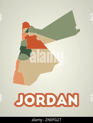 Affiche Jordan dans un style rétro. Carte du pays avec les régions dans la palette de couleurs d'automne. Forme de Jordanie avec nom de pays. Superbe illustration vectorielle. Illustration de Vecteur