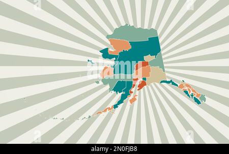 Carte Alaska. Affiche avec carte de l'état américain dans la palette de couleurs rétro. Forme de l'Alaska avec fond de rayons de soleil. Illustration vectorielle. Illustration de Vecteur