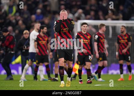 Erling Haaland de Manchester City semble abattu après le coup de sifflet final après le match de la Premier League au Tottenham Hotspur Stadium, Londres. Date de la photo: Dimanche 5 février 2023. Banque D'Images