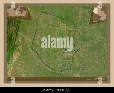 Boqueron, département du Paraguay. Carte satellite basse résolution. Lieux et noms des principales villes de la région. Cartes d'emplacement auxiliaire d'angle Banque D'Images