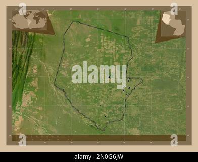 Boqueron, département du Paraguay. Carte satellite basse résolution. Lieux des principales villes de la région. Cartes d'emplacement auxiliaire d'angle Banque D'Images