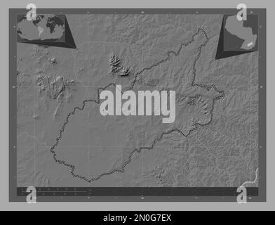 Caazapa, département du Paraguay. Carte d'altitude à deux niveaux avec lacs et rivières. Cartes d'emplacement auxiliaire d'angle Banque D'Images