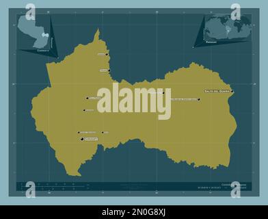 Canindeyu, département du Paraguay. Forme de couleur unie. Lieux et noms des principales villes de la région. Cartes d'emplacement auxiliaire d'angle Banque D'Images