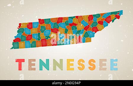 Carte du Tennessee. Affiche de l'état AMÉRICAIN avec des régions colorées. Texture grunge ancienne. Illustration vectorielle du Tennessee avec le nom de l'état américain. Illustration de Vecteur