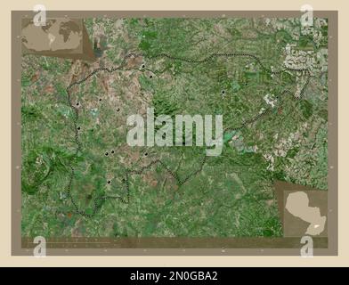 Guaira, département du Paraguay. Carte satellite haute résolution. Lieux des principales villes de la région. Cartes d'emplacement auxiliaire d'angle Banque D'Images
