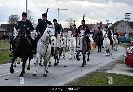 Les propriétaires et éleveurs de chevaux Lipizzan vêtus d'une tenue traditionnelle participent à l'équitation du Carnaval, dans le village d'Oprisavci près de Brod Slavonski, dans le comté de Brod-Postavina, en Croatie, sur 05 février 2023. Photo: Ivica Galovic/PIXSELL Banque D'Images