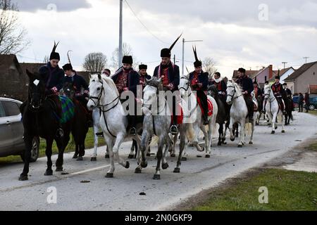 Les propriétaires et éleveurs de chevaux Lipizzan vêtus d'une tenue traditionnelle participent à l'équitation du Carnaval, dans le village d'Oprisavci près de Brod Slavonski, dans le comté de Brod-Postavina, en Croatie, sur 05 février 2023. Photo: Ivica Galovic/PIXSELL Banque D'Images