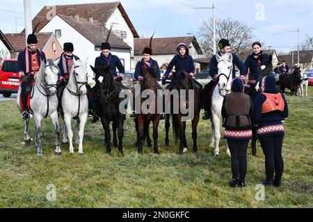 Les propriétaires et éleveurs de chevaux Lipizzan vêtus d'une tenue traditionnelle participent à l'équitation du Carnaval, dans le village d'Oprisavci près de Brod Slavonski, dans le comté de Brod-Postavina, en Croatie, sur 05 février 2023. Photo: Ivica Galovic/PIXSELL Banque D'Images
