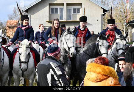 Les propriétaires et éleveurs de chevaux Lipizzan vêtus d'une tenue traditionnelle participent à l'équitation du Carnaval, dans le village d'Oprisavci près de Brod Slavonski, dans le comté de Brod-Postavina, en Croatie, sur 05 février 2023. Photo: Ivica Galovic/PIXSELL Banque D'Images