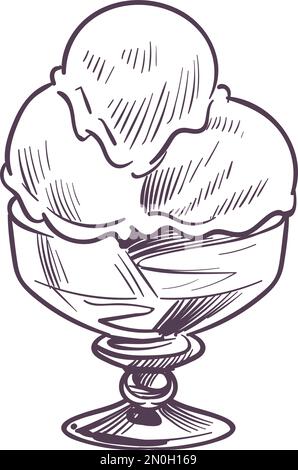 Gravure de glace. Boules de crème glacée dans un croquis de verre Illustration de Vecteur