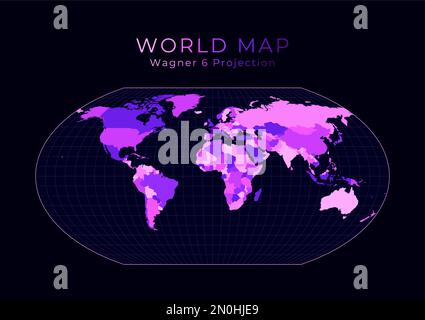 Carte du monde. Wagner VI projection. Illustration du monde numérique. Couleurs néon rose vif sur fond sombre. Illustration vectorielle créative. Illustration de Vecteur