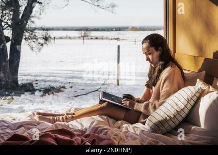 Une petite cabane à l'architecture au pied du Mont Hutt en Nouvelle-Zélande, offrant chaleur et intimité, ainsi que des vues sur les paysages enneigés pendant le wi Banque D'Images