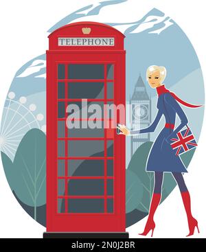 Une jeune fille ouvre une cabine téléphonique rouge à Londres. Illustration vectorielle plate Illustration de Vecteur