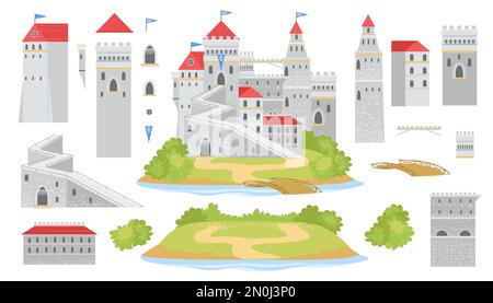 Kit de château de dessins animés. Constructeur fortifié. Palais de princesse de conte de fées avec des tours ou des murs de fief. Tourelle et pont. Médiévale Illustration de Vecteur