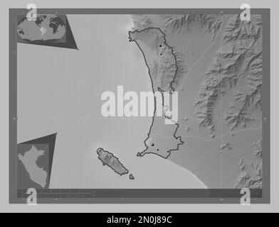 Callao, province du Pérou. Carte d'altitude en niveaux de gris avec lacs et rivières. Lieux des principales villes de la région. Cartes d'emplacement auxiliaire d'angle Banque D'Images