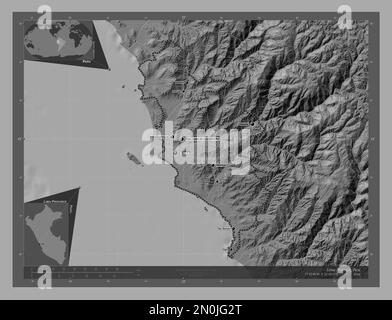 Province de Lima, province du Pérou. Carte d'altitude à deux niveaux avec lacs et rivières. Lieux et noms des principales villes de la région. Emplacement auxiliaire du coin Banque D'Images